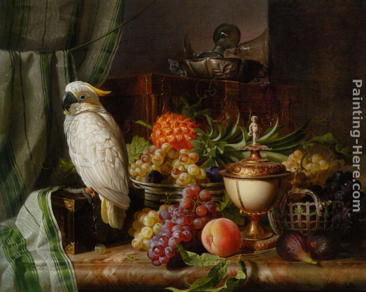 Josef Schuster A Cockatoo Grapes Figs Plums a Pineapple and a Peach